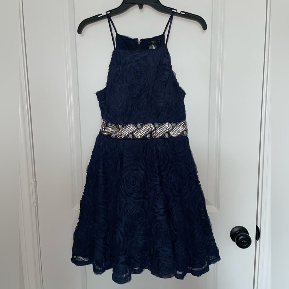 Trixxi Navy Blue Floral Homecoming Dress with Beaded Waist Size 5